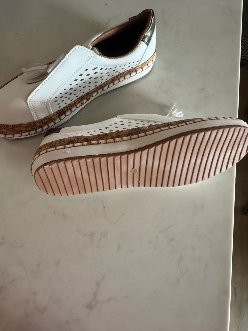 White leather( pleather) and Cork casual slip on shoe espadrille style